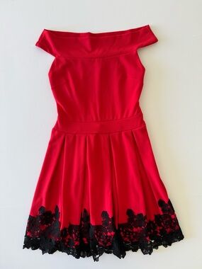 Rinascimento Red Off Shoulder Dress M Black Lace Hem Fit Flare Italy